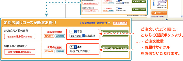 ご注文いただく際に、こちらの選択ボタンより、 ・ご注文数量 ・お届けサイクル をお選びいただけます。