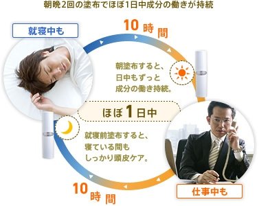 朝晩2回の塗布でほぼ1日中成分の働きが持続　就寝中も　仕事中も　ほぼ1日中　朝塗布すると、日中もずっと成分の働き持続。　就寝前塗布すると、寝ている間もしっかり頭皮ケア。