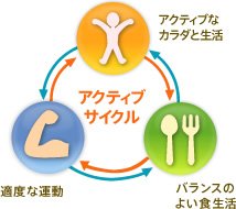図：アクティブサイクル（アクティブなカラダと生活＝適度な運動＝バランスのよい食生活