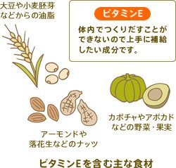 ビタミンEを含む主な食材：大豆や小麦胚芽などからの油脂 アーモンドや落花生などのナッツ カボチャやアボカドなどの野菜・果実　ビタミンE：体内でつくりだすことができないので上手に補給したい成分です。