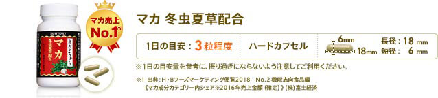 マカ 冬虫夏草配合 1日3粒目安 形状:ハードカプセル 長径:18mm 短径:6mm ※1日の目安量を参考に、摂り過ぎにならないよう注意してご利用ください。