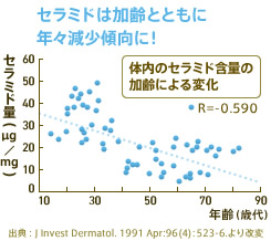セラミドは加齢とともに年々減少傾向に! 体内のセラミド含量の加齢による変化 R=-0.590 出典:J Invest Dermatol. 1991 Apr:93(4):523-6より改変