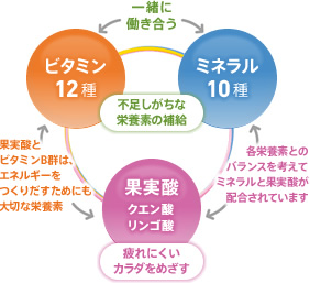 不足しがちな栄養素の補給　ビタミン12種　ミネラル10種　一緒に働き合う　果実酸 クエン酸 リンゴ酸 疲れにくいカラダをめざす　果実酸とビタミンB群は、エネルギーをつくりだすためにも大切な栄養素　各栄養素とのバランスを考えてミネラルと果実酸が配合されています