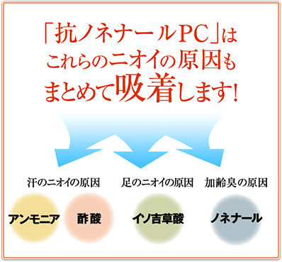 「抗ノネナールPC」はこれらのニオイの原因もまとめて吸着します! 汗のニオイの原因 アンモニア 酢酸 足のニオイの原因 イソ吉草酸 加齢臭の原因 ノネナール