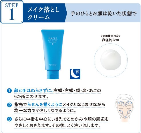 STEP1 メイク落としクリーム 手のひらとお顔は乾いた状態で 〈使用量の目安〉 直径約2cm 1顔と手はぬらさずに、右頬・左頬・額・鼻・あごの5か所にのせます。 2指先でらせんを描くようにメイクとなじませながら均一な力でやさしくなでるように。 3さらに中指を中心に、指先でこめかみや頬の周辺をやさしくおさえます。その後、よく洗い流します。