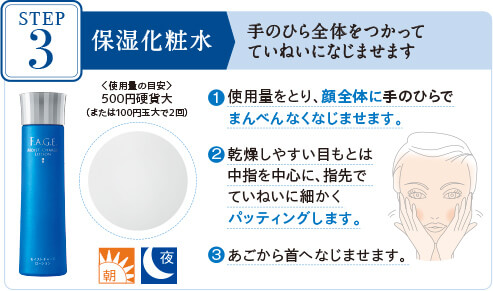 STEP3 保湿化粧水 手のひら全体をつかってていねいになじませます 〈使用量の目安〉 500円硬貨大(または100円玉大で2回) 1使用量をとり、顔全体に手のひらでまんべんなくなじませます。 2乾燥しやすい目もとは中指を中心に、指先でていねいに細かくパッティングします。3あごから首へなじませます。