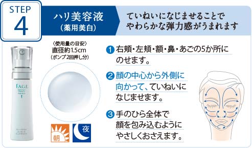 STEP4 薬用美白美容液 〈医薬部外品〉 ていねいになじませることでやわらかな弾力感がうまれます。 〈使用量の目安〉 直径約1.5cm(ポンプ2回押し分) 1右頬・左頬・額・鼻・あごの5か所にのせます。 2顔の中心から外側に向かって、ていねいになじませます。 3手のひら全体で顔を包み込むようにやさしくおさえます