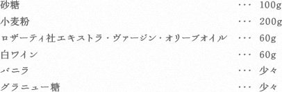 砂糖・・・100g
小麦粉・・・200g
ロザーティ社エキストラ・ヴァージン・オリーブオイル・・・60g
白ワイン・・・60g
バニラ・・・少々
グラニュー糖・・・少々