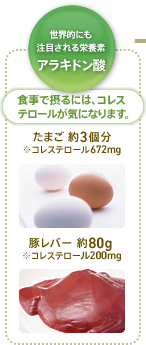 世界的にも注目されるアラキドン酸 食事で摂るには、コレステロールが気になります。 たまご 約3個分 ※コレステロール672mg 豚レバー 約80g ※コレステロール200mg