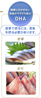 健康に欠かせない青魚のサラサラ成分DHA　食事で摂るには、青魚を摂る必要があります。　さば　ぶり