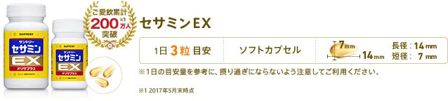 セサミンEX 1日3粒 ソフトカプセル 長径:14mm 短径:7mm ※1日の目安量を参考に、摂り過ぎにならないよう注意してご利用ください。 ご愛飲累計170万人突破!