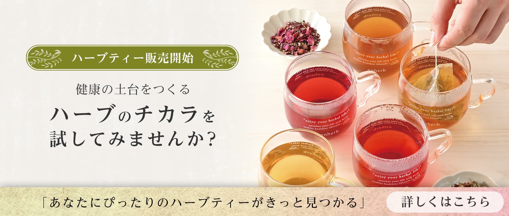 ハーブティー販売開始　健康の土台をつくるハーブのチカラを試してみませんか？あなたにピッタリのハーブティがきっと見つかる。詳しくはこちら