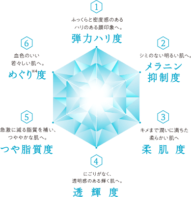 1ふっくらと密度感のあるはりのある顔印象へ。弾力ハリ度 2シミのない明るい肌へ。メラニン抑制度 3キメまで潤いに満ちた柔らかい肌へ柔肌度 4にごりがなく、透明感のある輝く肌へ。透輝度 5急激に減る脂質を補い、つややかな肌へ。つや脂質度 6血色のいい若々しい肌へ。めぐり※4度
