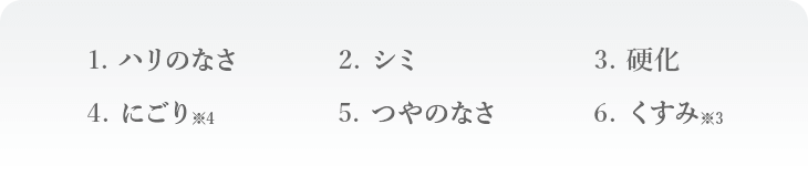 1.ハリのなさ2.シミ3.硬化4.にごり※45.つやのなさ6.くすみ※3