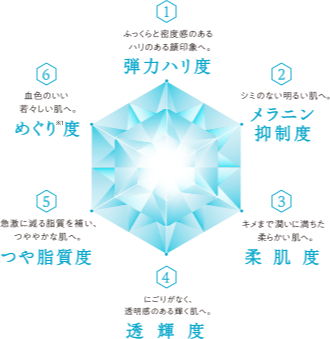 1ふっくらと密度感のあるはりのある顔印象へ。弾力ハリ度 2シミのない明るい肌へ。メラニン抑制度 3決めまで潤いに満ちた柔らかい肌へ柔肌度 4にごりがなく、透明感のある輝く肌へ。透輝度 5急激に減る脂質を補い、つややかな肌へ。つや脂質度 6血色のいい若々しい肌へ。めぐり※2度