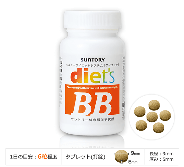 diet's BB[ダイエッツ ビービー] 1日の目安：6粒程度 タブレット(打錠) 直径：9mm 厚み：5mm ※1日の目安量を参考に、摂り過ぎにならないよう注意してご利用ください。