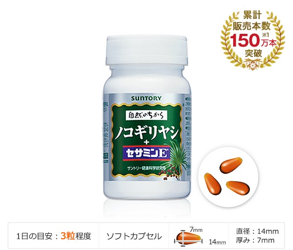 ノコギリヤシ＋セサミンE 累計販売本数150万本突破※1 1日の目安：3粒程度 ソフトカプセル 直径：14mm 厚み：7mm