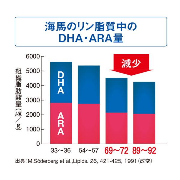 海馬のリン脂質中の DHA・ARA量 出典:M.Soderberg et al.,Lipids. 26,421･425,1991(改変)
