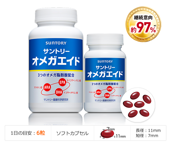 オメガエイド 継続意向約97%※1 1日の目安：6粒 ソフトカプセル 長径：11mm 短径：7mm