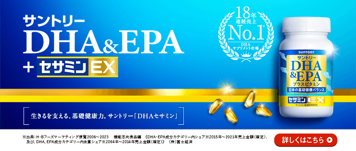 DHA&EPA＋セサミンEX 考える力、健康力、活力をこの1本で。 セサミンを独自配合!DHAの健康パワーを体にしっかり届けます。 DHAサプリメント市場17年連続売上No.1✳︎ ✳︎出典：H・Bフーズマーケティング便覧2006～2022 機能志向食品編《DHA・EPA成分カテゴリー内シェア※2015年～2020年売上金額（確定）、及び、DHA、EPA成分カテゴリー内合算シェア※2004年～2014年売上金額（確定）》(株)富士経済 詳しくはこちら