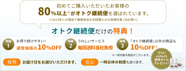初めてご購入のお客様も、75%以上の方※がオトク継続便を選ばれています。※2012年にお電話で初めてご購入いただいたお客様対象［当社調べ］オトク継続便だけの特典！　特典1　お得で続けやすい！通常価格の10%OFF　特典2　嬉しいサービス毎回送料無料　特典3　「オトク継続便」以外の商品も10%OFF※一部対象外商品がございます。【便利】お届け日をお選び頂けます。【安心】一時お休み制度もあります。さらにemherb携帯ボトルプレゼント！