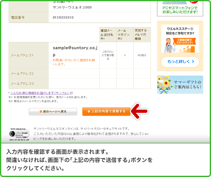 入力内容を確認する画面が表示されます。間違いなければ、画面下の「上記の内容で送信する」ボタンをクリックしてください。