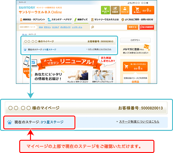 マイページの上部で現在のステージをご確認いただけます。