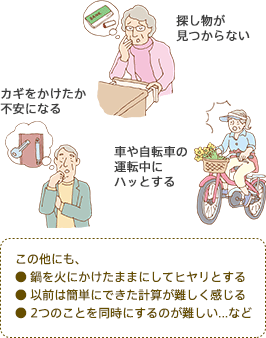 探し物が見つからない カギをかけたか不安になる 車や自転車の運転中にハッとする この他にも、 ● 鍋を火にかけたままにしてヒヤリとする ● 以前は簡単にできた計算が難しく感じる ● 2つのことを同時にするのが難しい...など