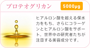 プロテオグリカン 5000μg ヒアルロン酸を超える保水力をもち、さらにコラーゲンとヒアルロン酸をサポート。世界中の研究者たちが注目する美容成分です。