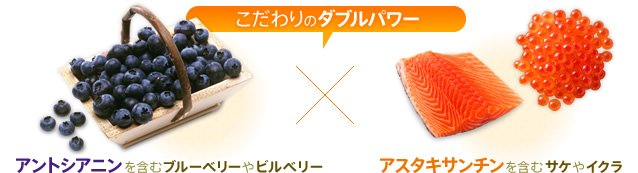 こだわりのダブルパワー アントシアニンを含むブルーベリーやビルベリー アスタキサンチンを含むサケやイクラ