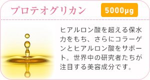 プロテオグリカン 5000μg ヒアルロン酸を超える保水力をもち、さらにコラーゲンとヒアルロン酸をサポート。世界中の研究者たちが注目する美容成分です。