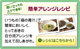 思い立ったら スグできる！　簡単アレンジレシピ　いつもの「極の青汁」で、簡単においしく、とっておきの 自分流アレンジを 加えて召しあがれ。レシピはこちらから！