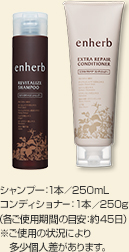 シャンプー：1本／250mL　
コンディショナー：1本／250g　
（各ご使用期間の目安：約45日）　
※ご使用の状況により多少個人差があります。