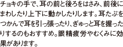 チョキの手で、耳の前と後ろをはさみ、前後にまわしたり上下に動かしたりします。耳たぶをつかんで耳を引っ張ったり、ぎゅっと耳を握ったりするのもおすすめ。眼精疲労やむくみに効果があります。
                    