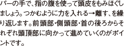 パーの手で、指の腹を使って頭皮をもみほぐしましょう。つかむように力を入れる→離す、を繰り返します。前頭部・側頭部・首の後ろからそれぞれ頭頂部に向かって進めていくのがポイントです。