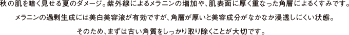 秋の肌を暗く見せる夏のダメージ。紫外線によるメラニンの増加や、肌表面に厚く重なった角層によるくすみです。メラニンの過剰生成には美白美容液が有効ですが、角層が厚いと美容成分がなかなか浸透しにくい状態。そのため、まずは古い角質をしっかり取り除くことが大切です。