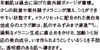 年齢肌は過去に浴びた紫外線ダメージが蓄積。少しの刺激や紫外線でメラニンが増え、シミができやすい状態です。メラノリセットに配合された美白有効成分のエラグ酸は、肌のディープゾーンまで浸透し、過剰なメラニン生成に歯止めをかける、加齢シミ対応の美白成分。いま作られようとしているシミを予防し、透明感のある肌へ導きます。