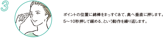 3 ポイントの位置に綿棒をまっすぐあて、奥へ垂直に押します。５〜10秒押して緩める、という仂作を繰り返します。