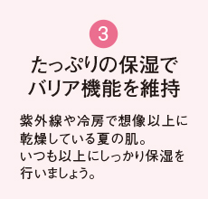 3 たっぷりの保湿で バリア機能を維持 紫外線や冷房で想像以上に乾燥している夏の肌。いつも以上にしっかり保湿を行いましょう。