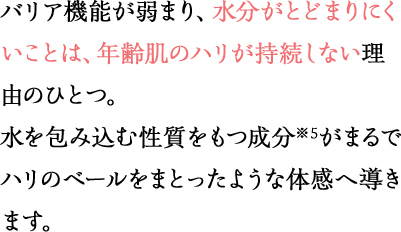 バリア機能が弱まり、水分がとどまりにくいことは、年齢肌のハリが持続しない理由のひとつ。水を包み込む性質をもつ成分がまるでハリのベールをまとったような実感へ導きます。