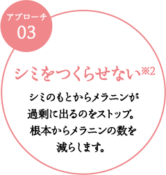 シミをつくらせないシミの元からメラニンが過剰に出るのをストップ。もとからメラニンの数を減らします。