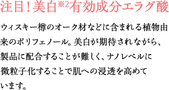 注目！美白有効成分エラグ酸ウィスキー樽のオーク材などに含まれる植物由来のポリフェノール。高い美白効果が期待されながら、製品に配合することが難しく、ナノレベルに微粒子化することで肌奥への浸透を高めています。