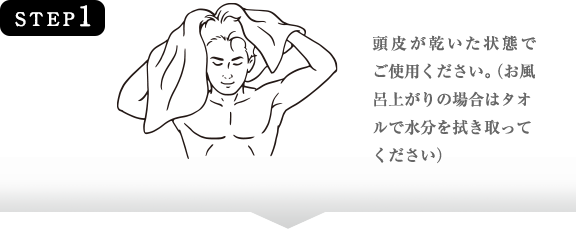 STEP1　頭皮が乾いた状態でご使用ください。（お風呂上がりの場合はタオルで水分を拭き取ってください）
