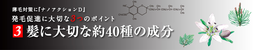 薄毛対策に『ナノアクションＤ』発毛促進に大切な３つのポイント3　髪に大切な約40種の成分
