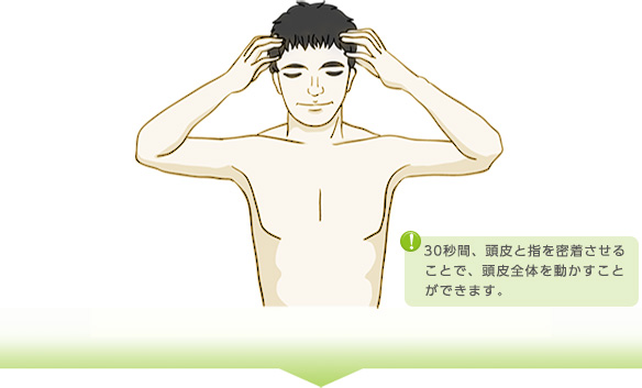 30秒間、頭皮と指を密着させることで、頭皮全体を動かすことができます。
