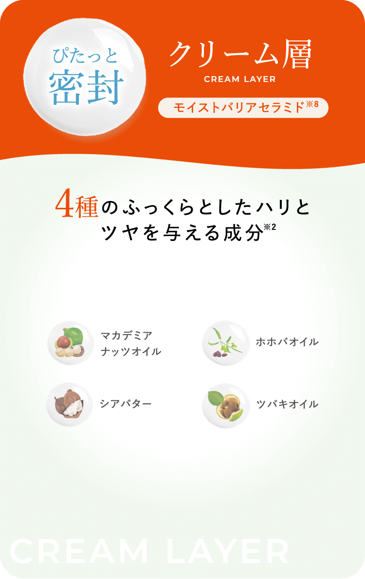 クリーム層 モイストバリアセラミド※8 4種のふっくらとしたハリとツヤを与える成分※9