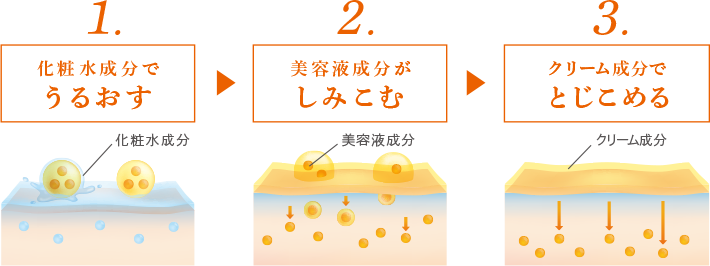 1.化粧水成分でうるおす 2.美容液成分がしみこむ 3.クリーム成分でとじこめる