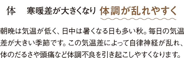体 寒暖差が大きくなり体調が乱れやすく 朝晩は気温が低く、日中は暑くなる日も多い秋。毎日の気温差が大きい季節です。この気温差によって自律神経が乱れ、体のだるさや頭痛など体調不良を引き起こしやすくなります。