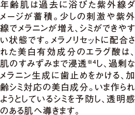 年齢肌は過去に浴びた紫外線ダメージが蓄積。少しの刺激や紫外線でメラニンが増え、シミができやすい状態です。メラノリセットに配合された美白有効成分のエラグ酸は、肌のディープゾーンまで浸透し、過剰なメラニン生成に歯止めをかける、加齢シミ対応の美白成分。いま作られようとしているシミを予防し、透明感のある肌へ導きます。