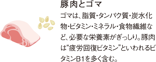 豚肉とゴマゴマは、脂質・タンパク質・炭水化物・ビタミン・ミネラル・食物繊維など、必要な栄養素がぎっしり。豚肉は“疲労回復ビタミン”といわれるビタミンB1を多く含む。